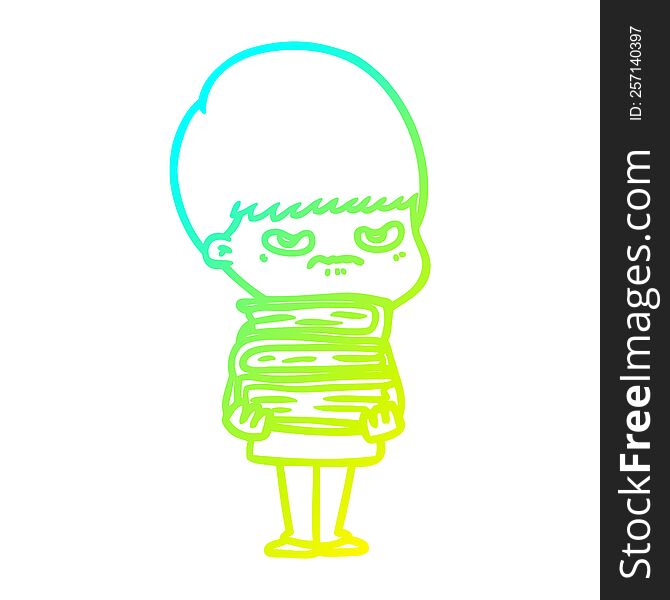 Cold Gradient Line Drawing Angry Cartoon Boy With Books