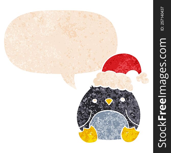 Cute Cartoon Penguin Wearing Christmas Hat And Speech Bubble In Retro Textured Style