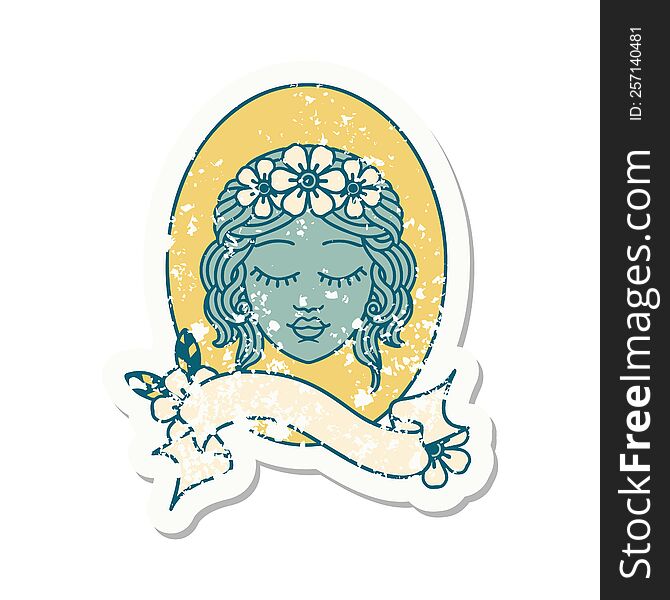 Grunge Sticker With Banner Of A Maiden With Eyes Closed