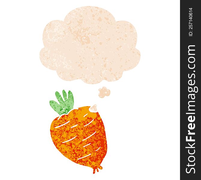 cartoon root vegetable and thought bubble in retro textured style