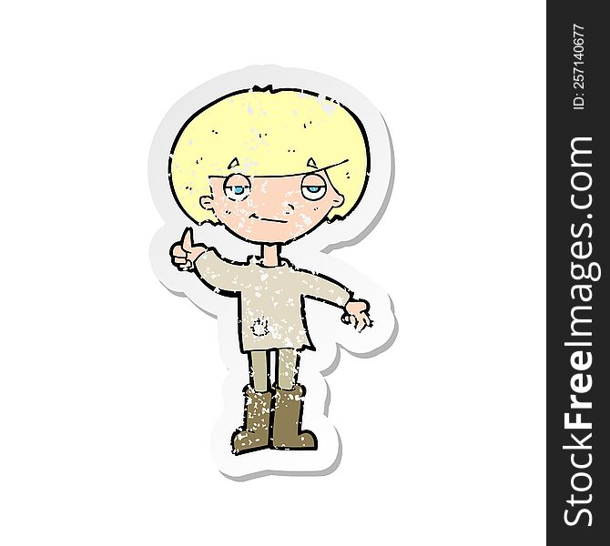 retro distressed sticker of a cartoon boy in poor clothing giving thumbs up symbol