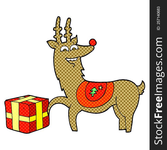 freehand drawn cartoon christmas reindeer with present