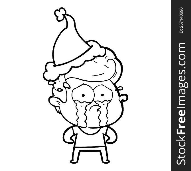 Line Drawing Of A Crying Man Wearing Santa Hat