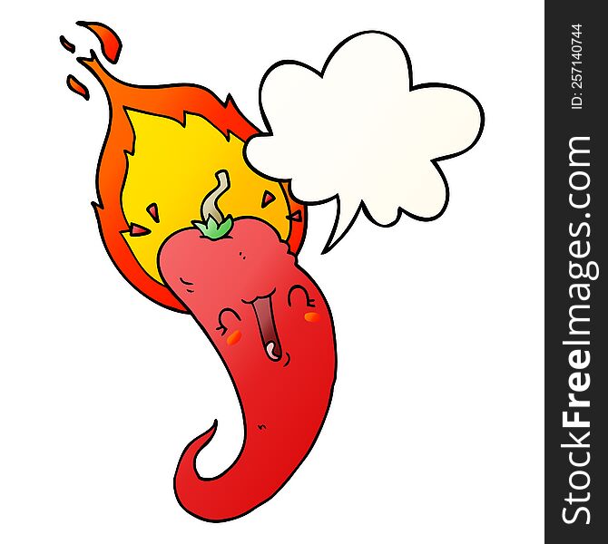cartoon flaming hot chili pepper with speech bubble in smooth gradient style