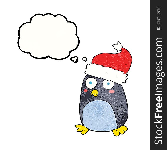 Thought Bubble Textured Cartoon Penguin In Christmas Hat