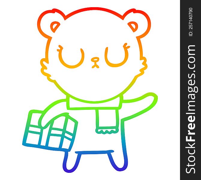 rainbow gradient line drawing of a peaceful cartoon polar bear with christmas gift