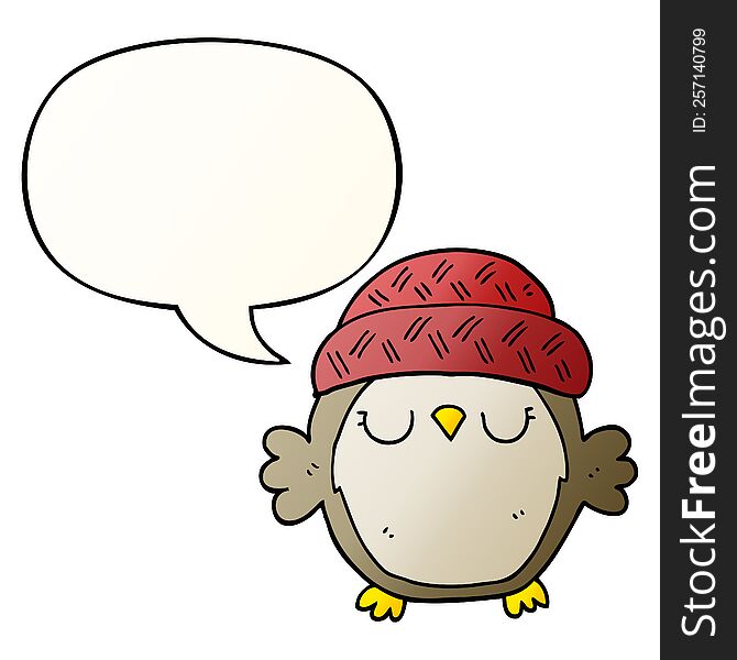 Cute Cartoon Owl In Hat And Speech Bubble In Smooth Gradient Style