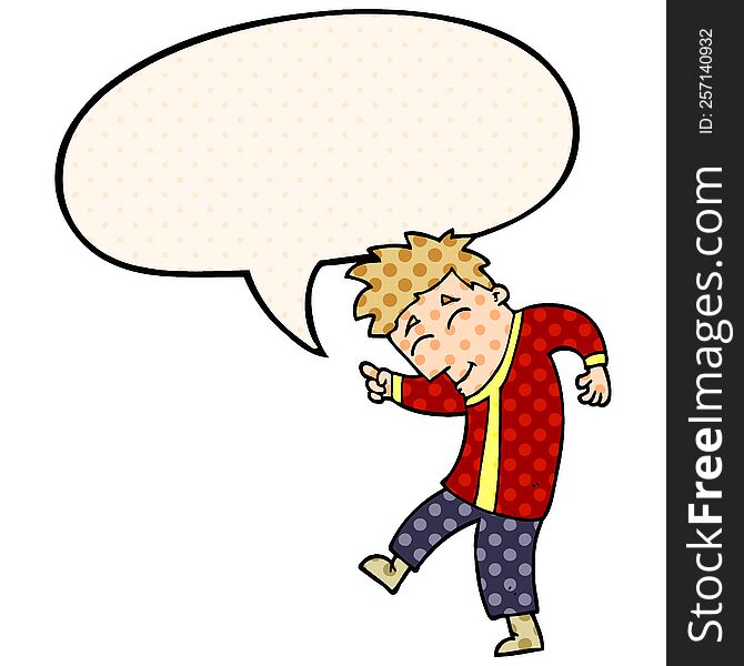 cartoon dancing man with speech bubble in comic book style