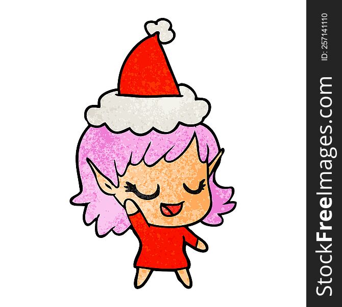 Happy Textured Cartoon Of A Elf Girl Wearing Santa Hat