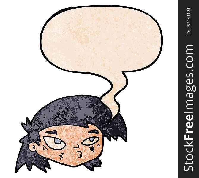 cartoon scratched up face and speech bubble in retro texture style