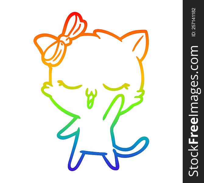 rainbow gradient line drawing of a cartoon cat with bow on head waving