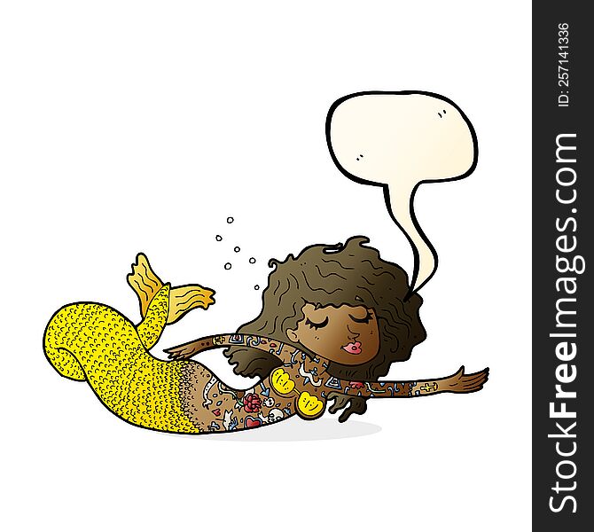 Cartoon Mermaid Covered In Tattoos With Speech Bubble