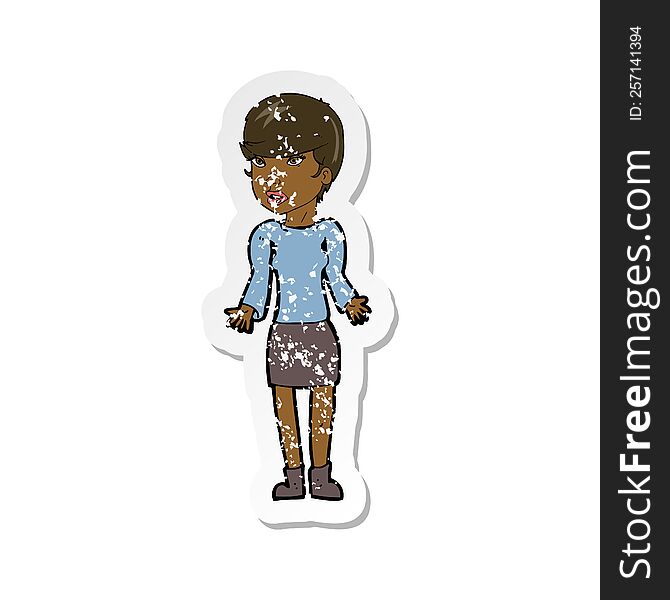 Retro Distressed Sticker Of A Cartoon Confused Woman