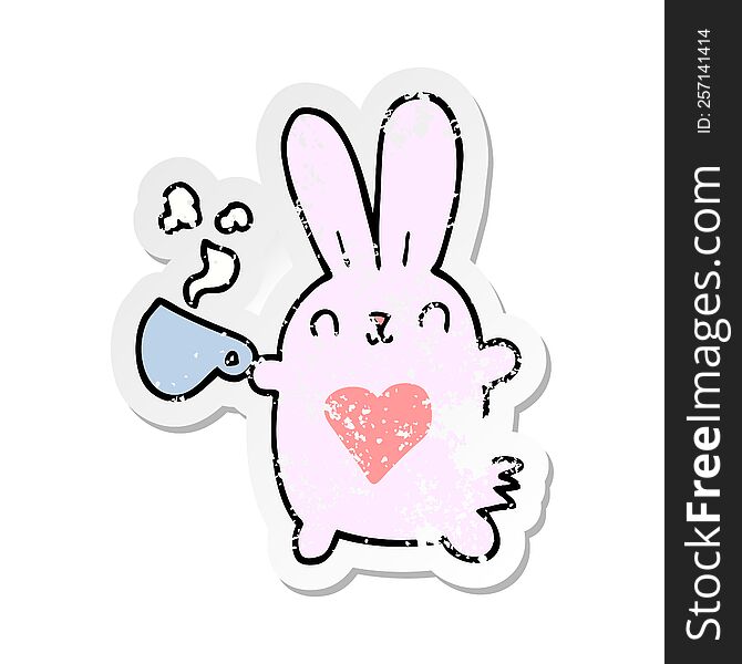 distressed sticker of a cute cartoon rabbit with love heart and coffee cup