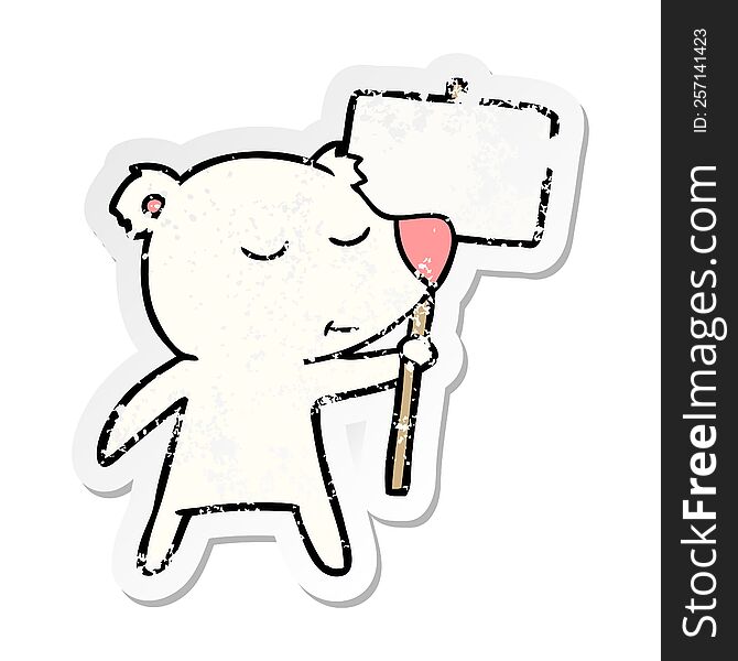 Distressed Sticker Of A Happy Cartoon Polar Bear With Sign