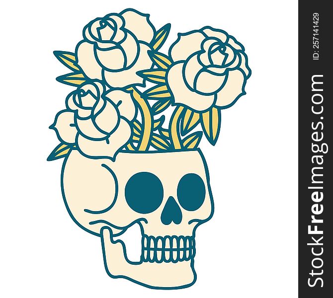 Tattoo Style Icon Of A Skull And Roses