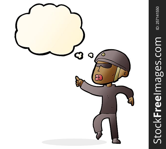 cartoon man in bike helmet pointing with thought bubble