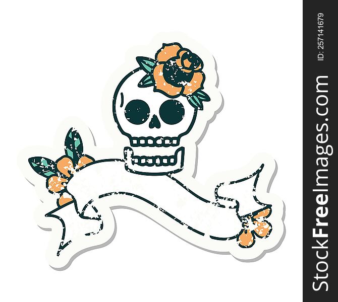 grunge sticker with banner of a skull and rose