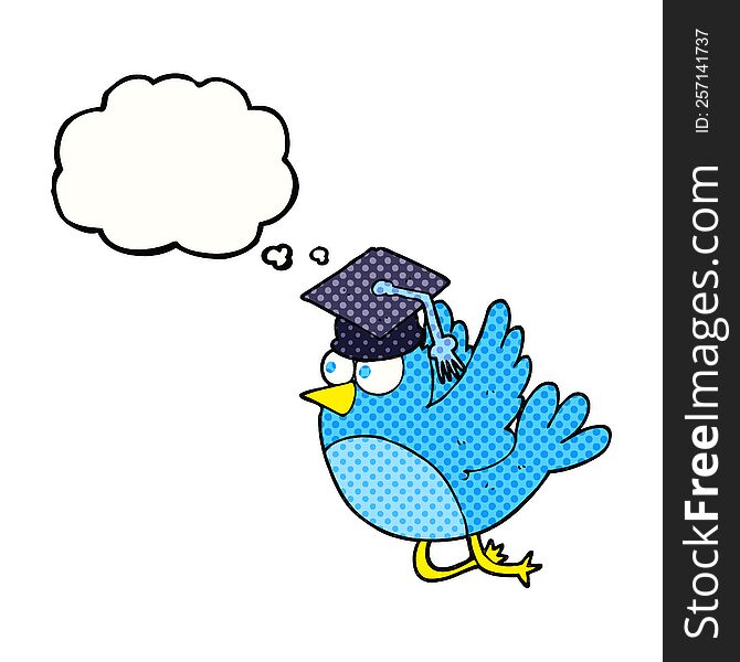 freehand drawn thought bubble cartoon bird wearing graduation cap