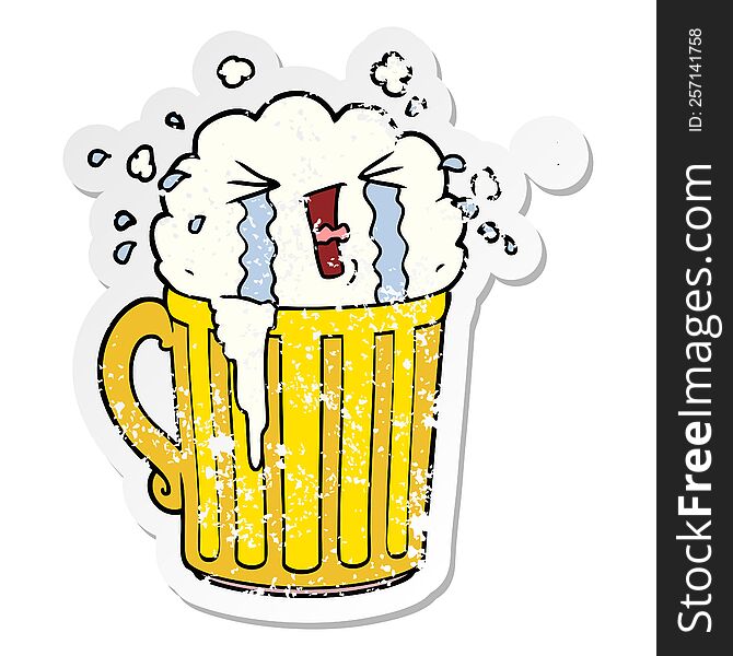 distressed sticker of a cartoon mug of beer crying