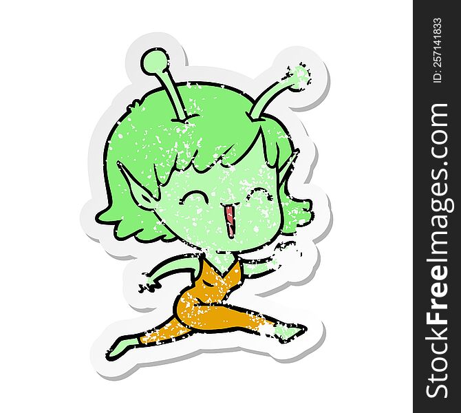 distressed sticker of a cartoon alien girl laughing