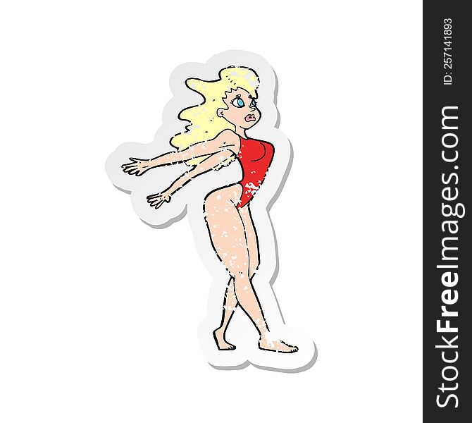 retro distressed sticker of a cartoon sexy woman in swimsuit