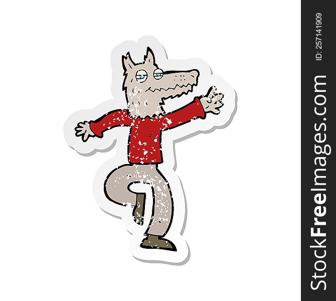 Retro Distressed Sticker Of A Cartoon Happy Wolf Man
