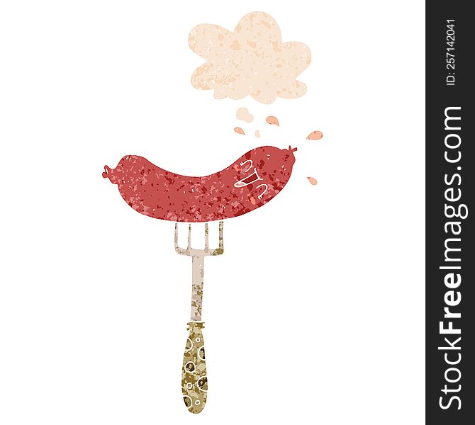 cartoon happy sausage on fork with thought bubble in grunge distressed retro textured style. cartoon happy sausage on fork with thought bubble in grunge distressed retro textured style