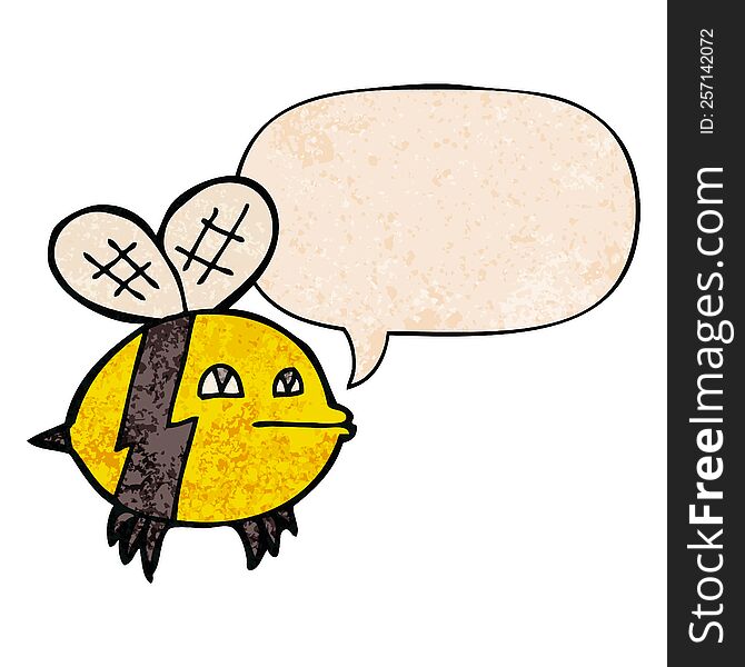 Cartoon Bee And Speech Bubble In Retro Texture Style