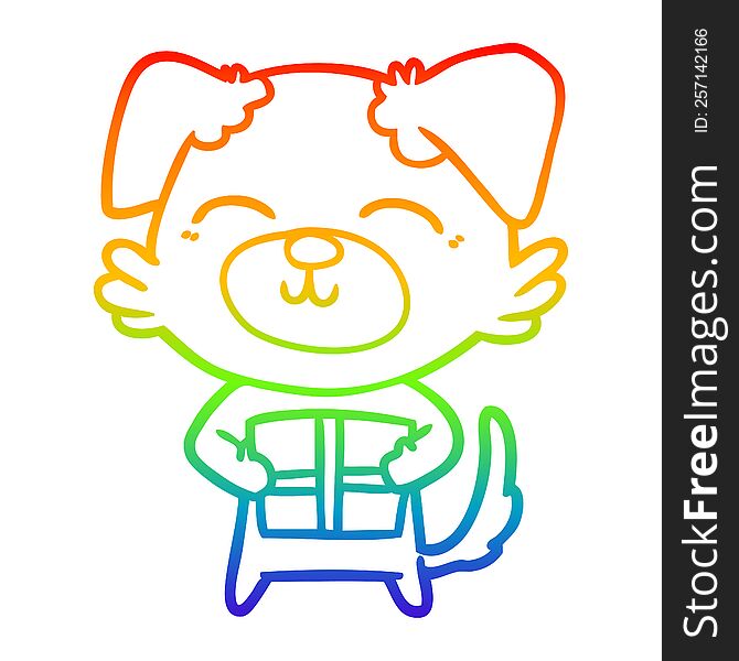 Rainbow Gradient Line Drawing Cartoon Dog With Present