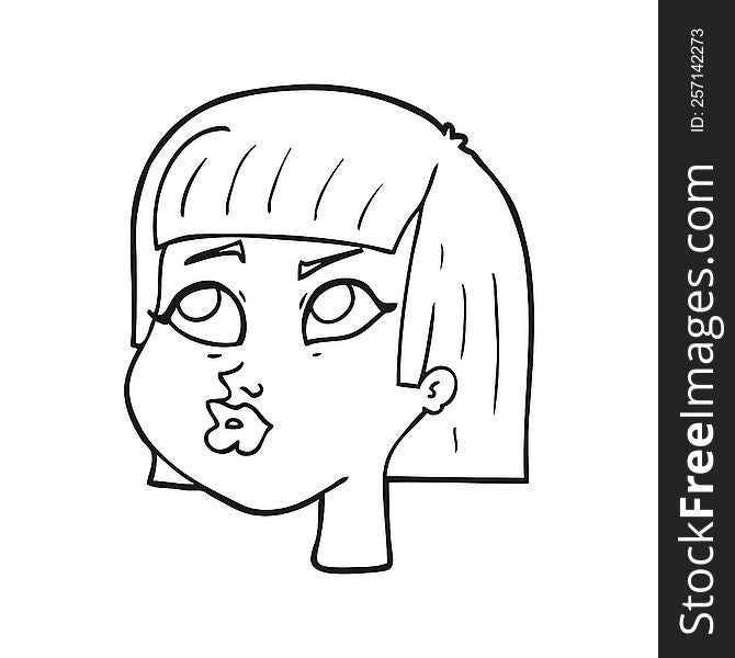 freehand drawn black and white cartoon female face