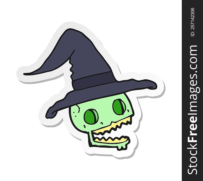Sticker Of A Cartoon Skull Wearing Witch Hat