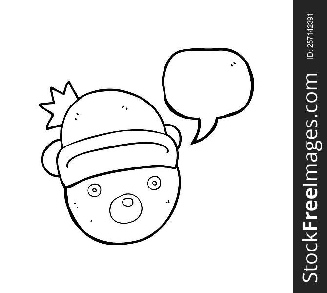 freehand drawn speech bubble cartoon teddy bear wearing christmas hat