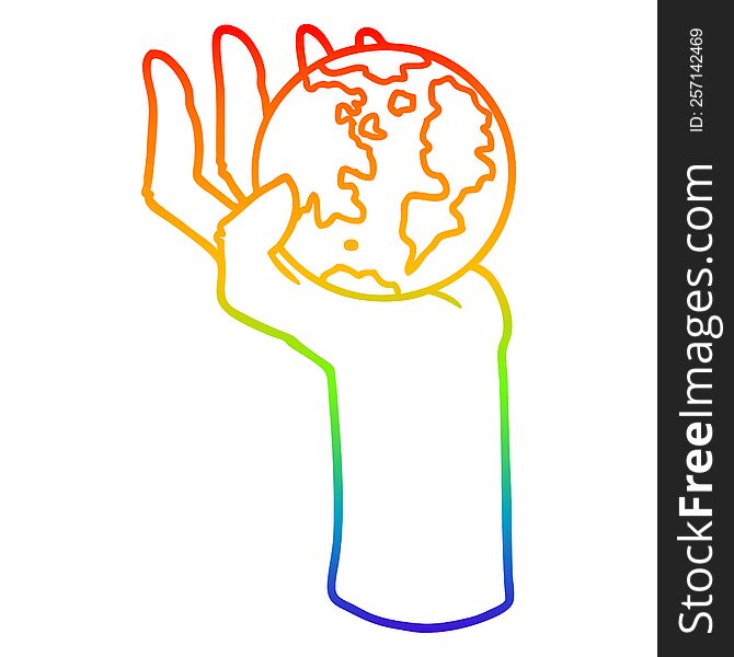 rainbow gradient line drawing of a cartoon hand holding whole earth