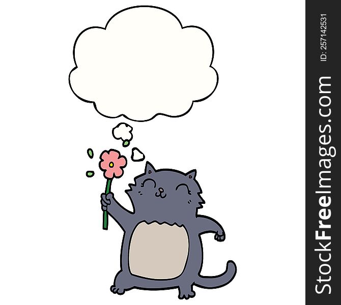 Cartoon Cat With Flower And Thought Bubble