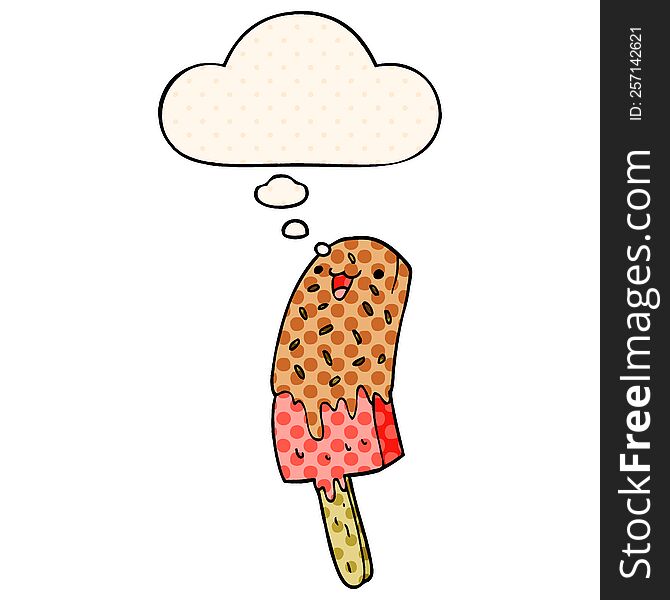 cute cartoon happy ice lolly with thought bubble in comic book style