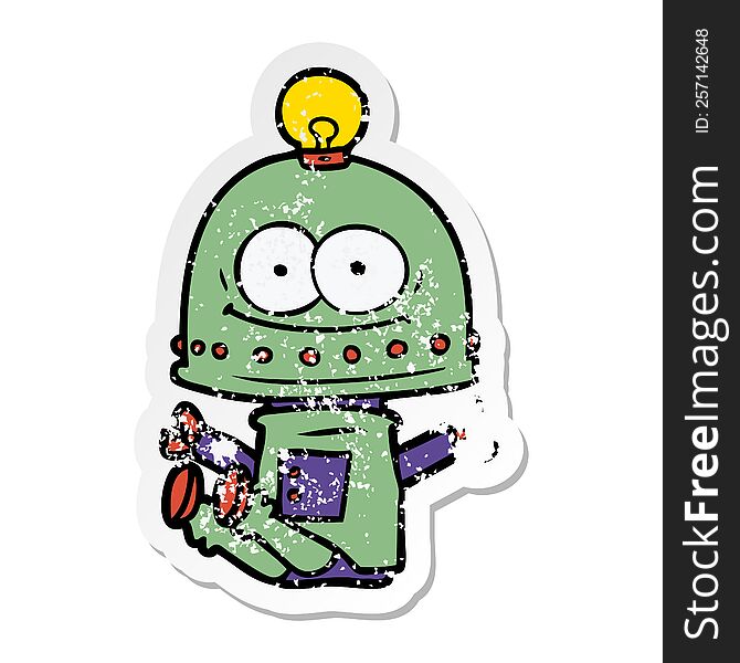 Distressed Sticker Of A Happy Carton Robot With Light Bulb