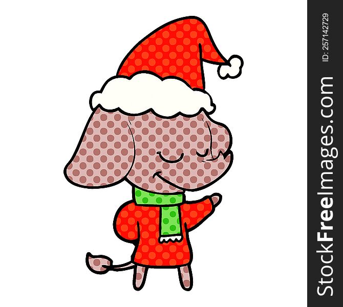 Comic Book Style Illustration Of A Smiling Elephant Wearing Scarf Wearing Santa Hat