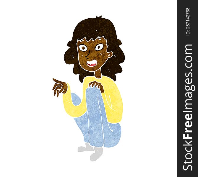 Cartoon Happy Woman Sitting And Pointing