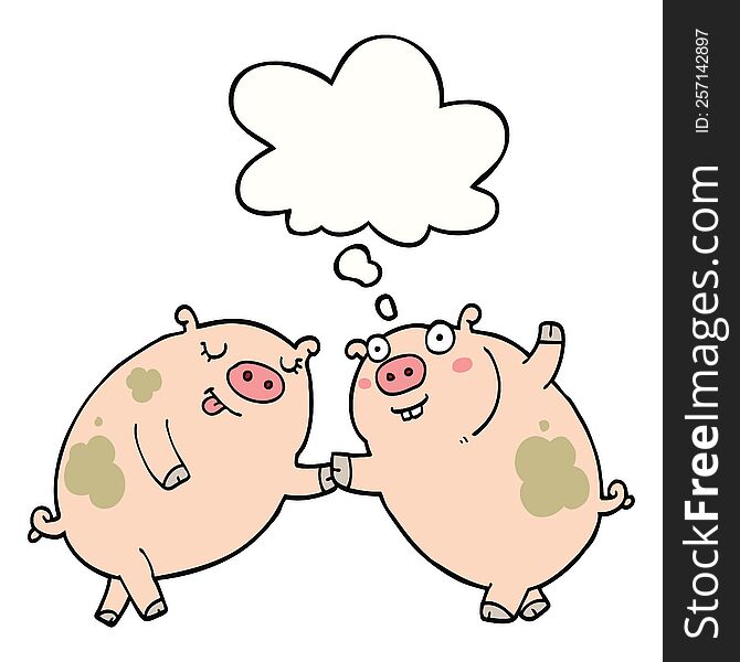 Cartoon Pigs Dancing And Thought Bubble