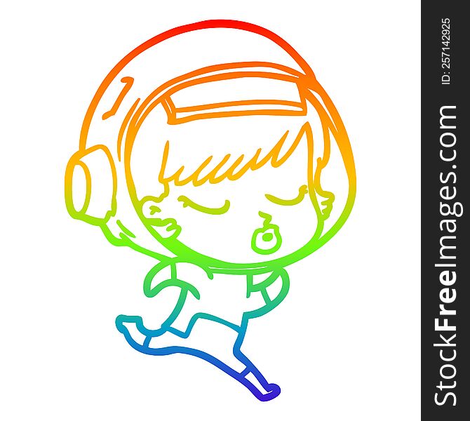 Rainbow Gradient Line Drawing Cartoon Pretty Astronaut Girl Running
