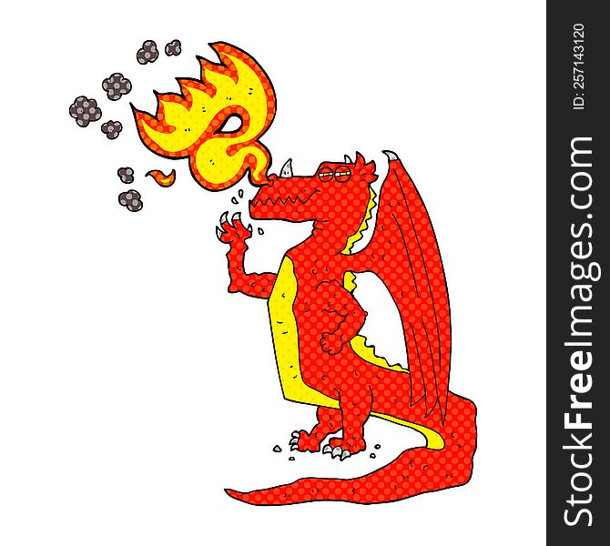 freehand drawn cartoon happy dragon breathing fire