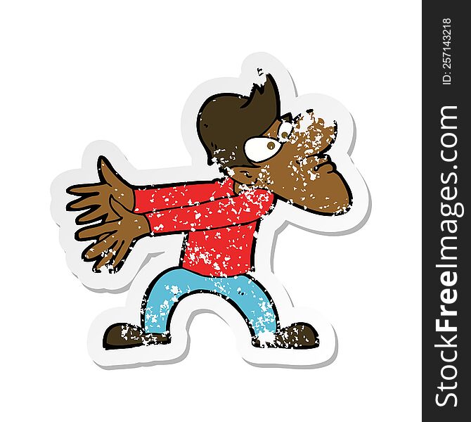 retro distressed sticker of a cartoon annoyed man gesturing