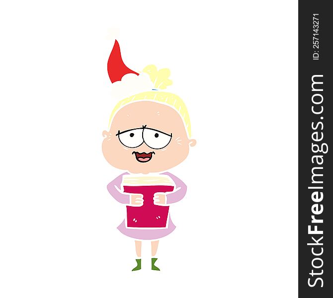 flat color illustration of a happy old lady wearing santa hat