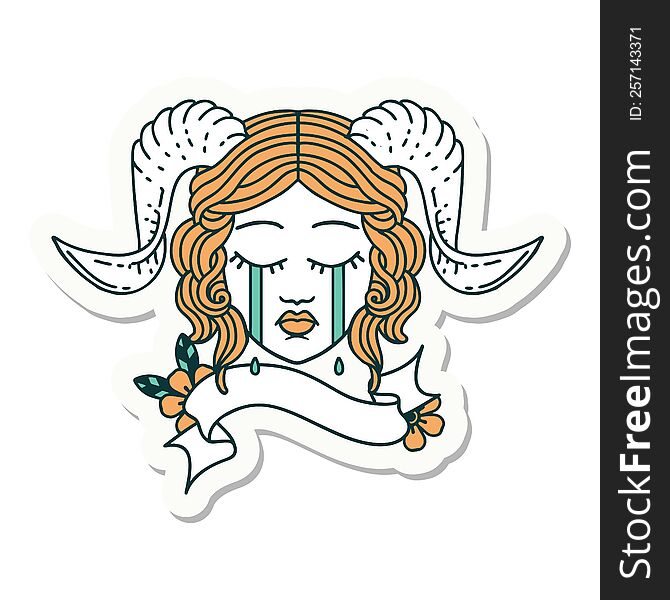 Crying Tiefling Character Face With Scroll Banner Sticker