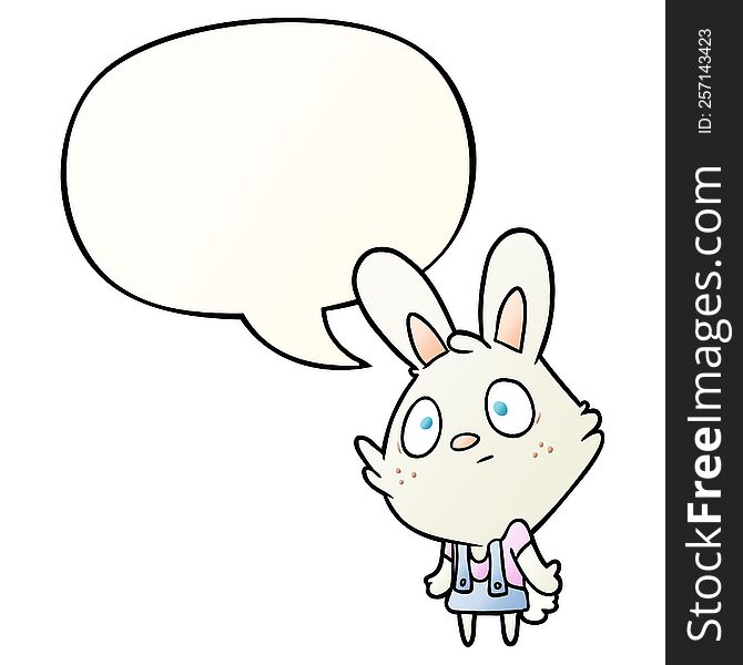 cute cartoon rabbit shrugging shoulders with speech bubble in smooth gradient style