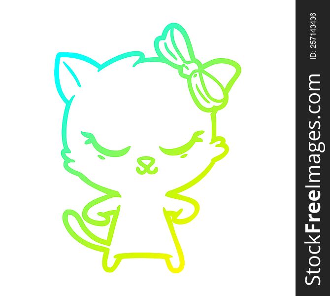 Cold Gradient Line Drawing Cute Cartoon Cat With Bow