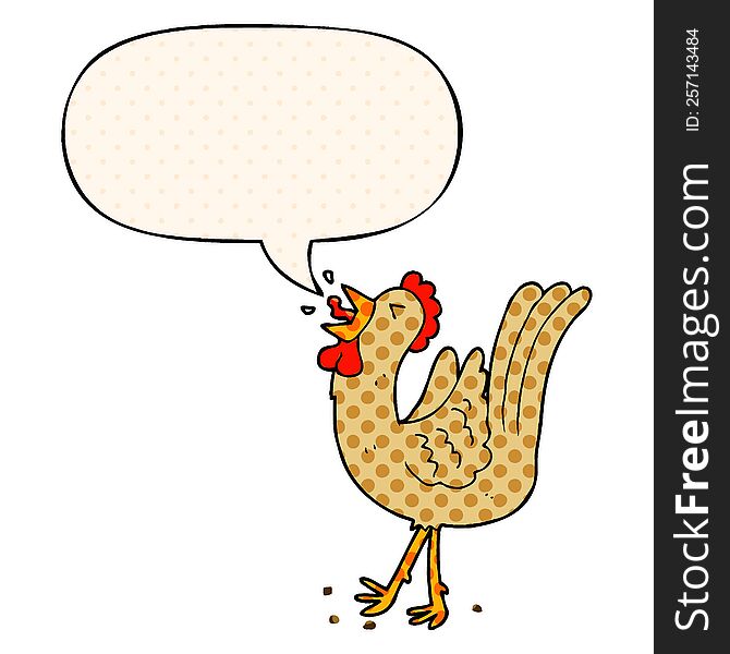 Cartoon Crowing Cockerel And Speech Bubble In Comic Book Style