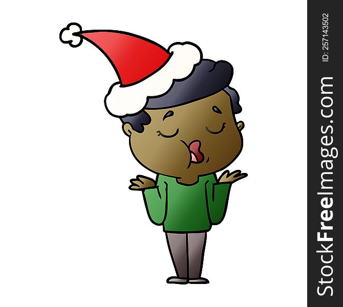 Gradient Cartoon Of A Man Talking And Shrugging Shoulders Wearing Santa Hat
