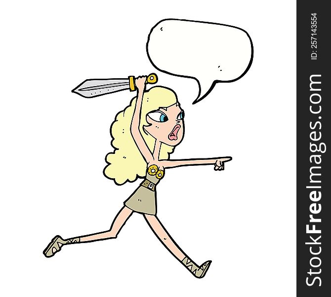 cartoon viking girl with sword with speech bubble